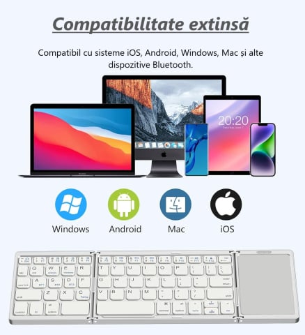 Tastatură Pliabilă Bluetooth cu Touchpad, Compatibilă iOS/Android/Windows/Mac, Ultra Compactă și Portabilă – Silver [4]