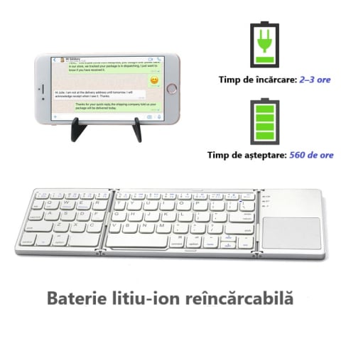 Tastatură Pliabilă cu Touchpad, Bluetooth 5.1 + 2.4G, Portabilă și Reîncărcabilă, culoare Silver [2]