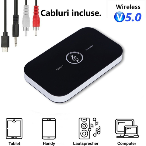 Transmitator si receptor audio, Bluetooth 5.0, 2 in 1, Jack 3, 5 mm, pentru TV, PC, Laptop, Masina, Negru [5]