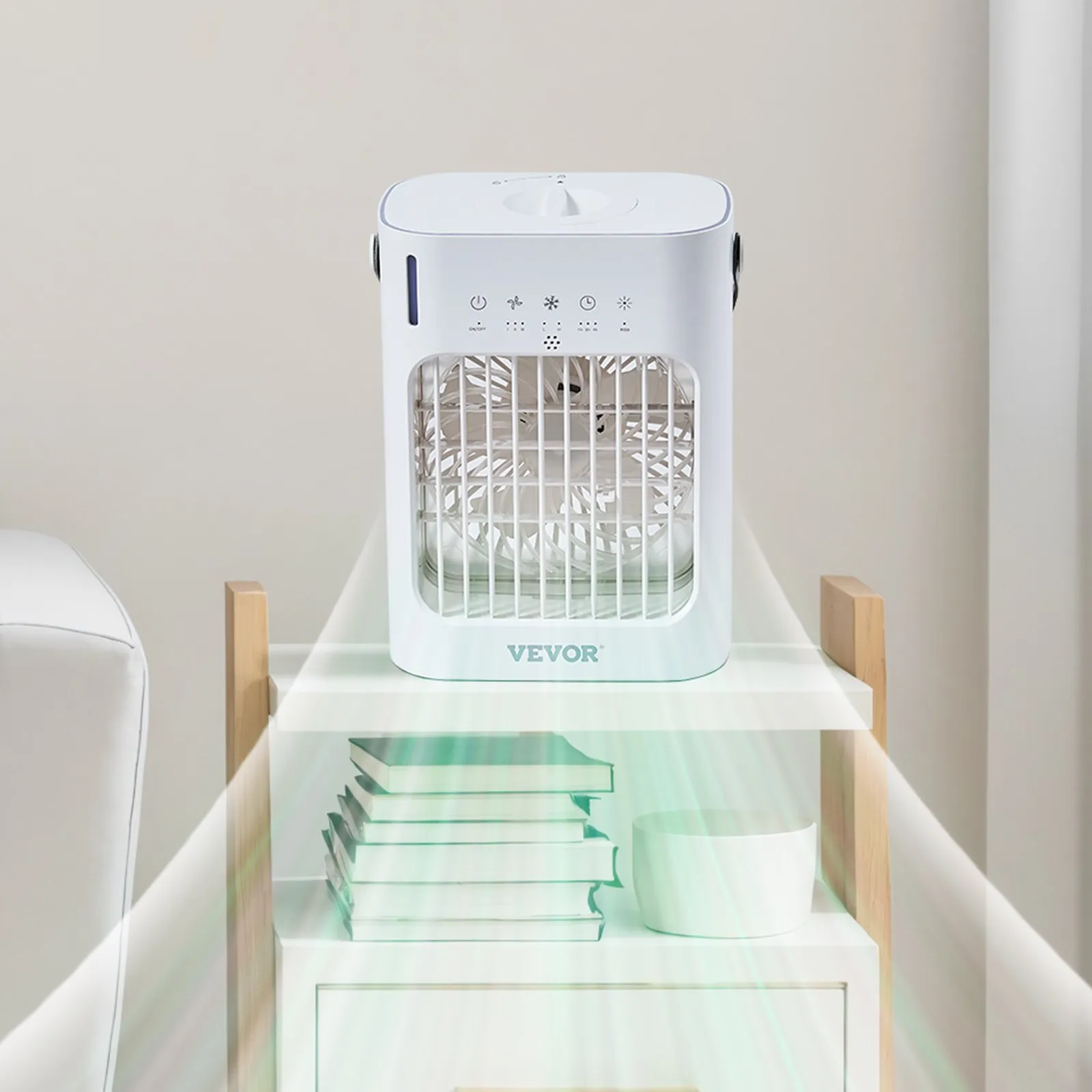 Ventilator de aer evaporativ 4 în 1, mini aparat de aer condiționat cu 3 viteze, temporizator inteligent 0-7H, rezervor de apă de 700 ml, lumină în 7 culori, mini ventilator personal de birou AC pentr [1]