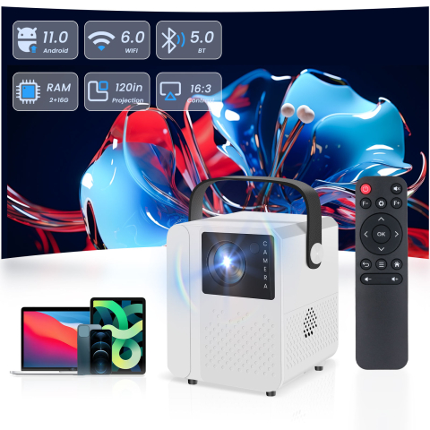 Video Proiector Smart T2 Pro–Full HD, WiFi 6, Bluetooth 5.0, suport până la 120 inch USB HDMI telecomandă inclusă alb [2]