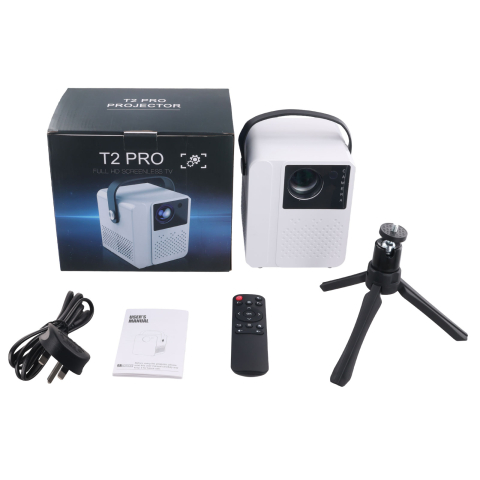 Video Proiector Smart T2 Pro–Full HD, WiFi 6, Bluetooth 5.0, suport până la 120 inch USB HDMI telecomandă inclusă alb [1]