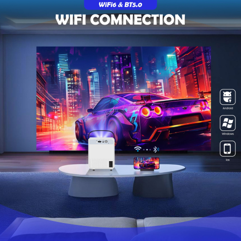 Video Proiector Smart T2 Pro–Full HD, WiFi 6, Bluetooth 5.0, suport până la 120 inch USB HDMI telecomandă inclusă alb [4]