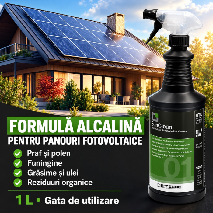 Soluție alcalină pentru curățarea panourilor fotovoltaice Errecom SunClean, 1 L, cu pulverizator, gata de utilizare [2]
