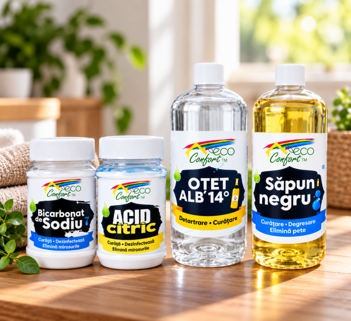 CUTIE ECO CONFORT, 4 PRODUSE - Bicarbonat de sodiu 500 g, Acid citric anticalcar și antirugină 400 g, Otet alb concentrat 14% pentru menaj L, Săpun Natural Negru pentru curățenie universală 1L [2]