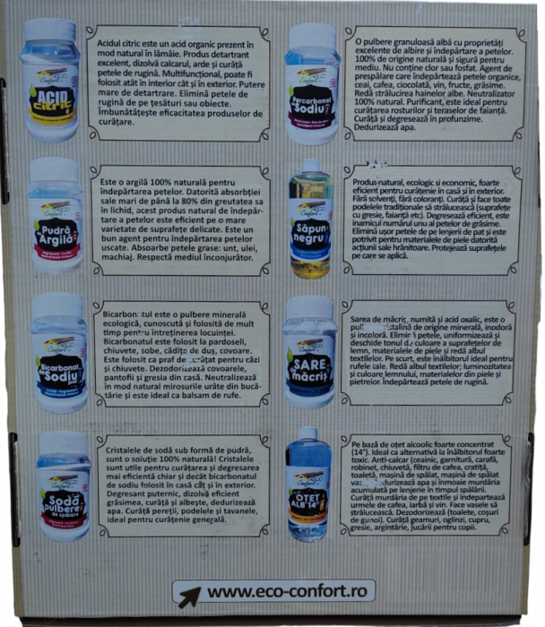 CUTIE ECO CONFORT, 4 PRODUSE- Bicarbonat de sodiu, 500g, Acid citric anticalcar și antirugină, 400g, Otet alb concentrat 14% pentru menaj, 1L, Săpun Natural Negru pentru curățenie universală, 1L [2]