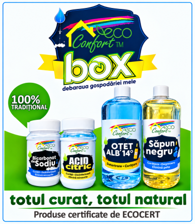Curățenie - CUTIE ECO CONFORT, 4 PRODUSE - Bicarbonat de sodiu 500 g, Acid citric anticalcar și antirugină 400 g, Otet alb concentrat 14% pentru menaj L, Săpun Natural Negru pentru curățenie universală 1L