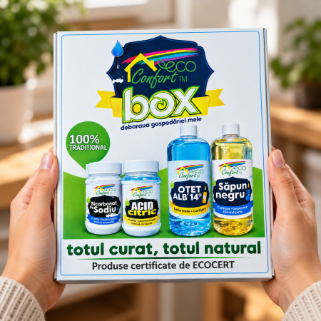 CUTIE ECO CONFORT, 4 PRODUSE - Bicarbonat de sodiu 500 g, Acid citric anticalcar și antirugină 400 g, Otet alb concentrat 14% pentru menaj L, Săpun Natural Negru pentru curățenie universală 1L [2]