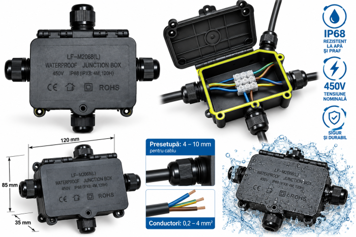 Doza derivatie etansa IP68 LF-M2068L 450V cu 4 presetupe 8-12 mm [5]