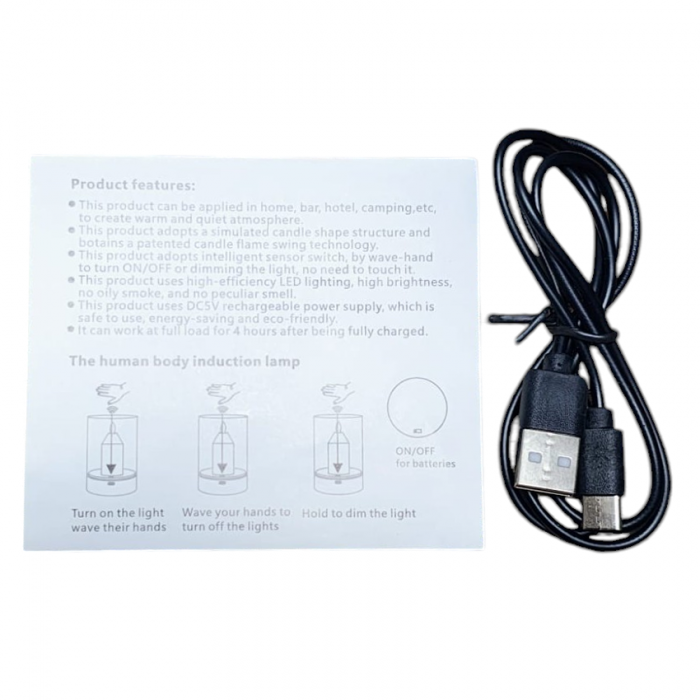 Lampa de sticlă cu  flacără proiectata cu led, reglabilă, cu senzor de mișcare, control, lumină de noapte fără fir, reincarcabilă pentru dormitor, restaurant, cafenea, lanternă de masă cu lumină caldă [9]