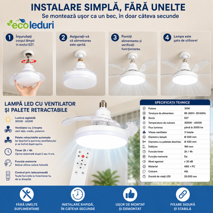 Lampă LED E27 18W cu ventilator și palete retractabile, 12W, telecomandă, 3 viteze, lumină reglabilă 3000K-6500K [3]