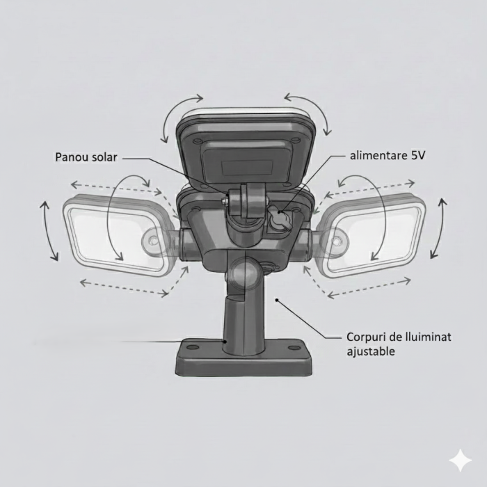 Lampa solară LED 4 capete, 292 LED-uri, senzor mișcare, panou extern – IP65 [6]