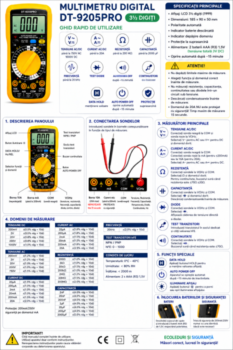 Multimetru Digital DT-9205PRO – Aparat de Măsură AC/DC Multifuncțional [3]
