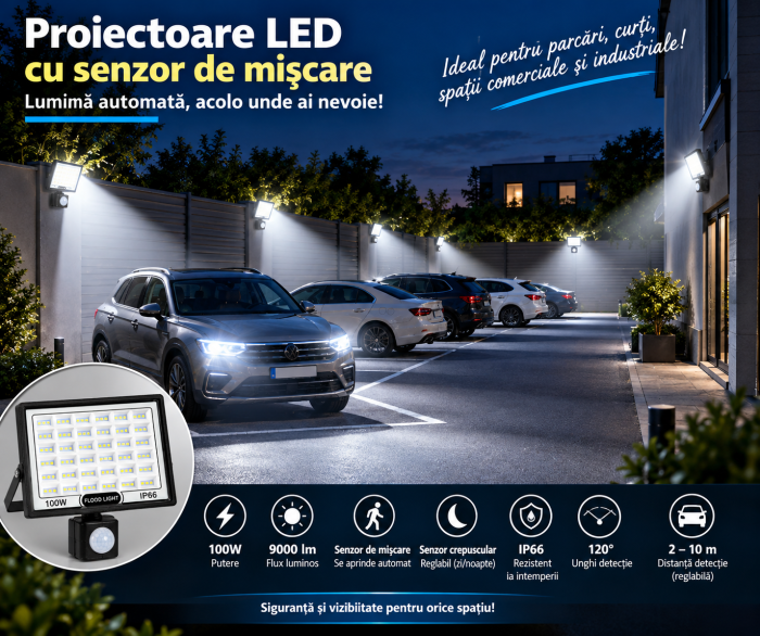 Proiector LED 100W cu senzor de miscare si crepuscular 9000 lm 6500K IP66  Imagine produs spate: [2]