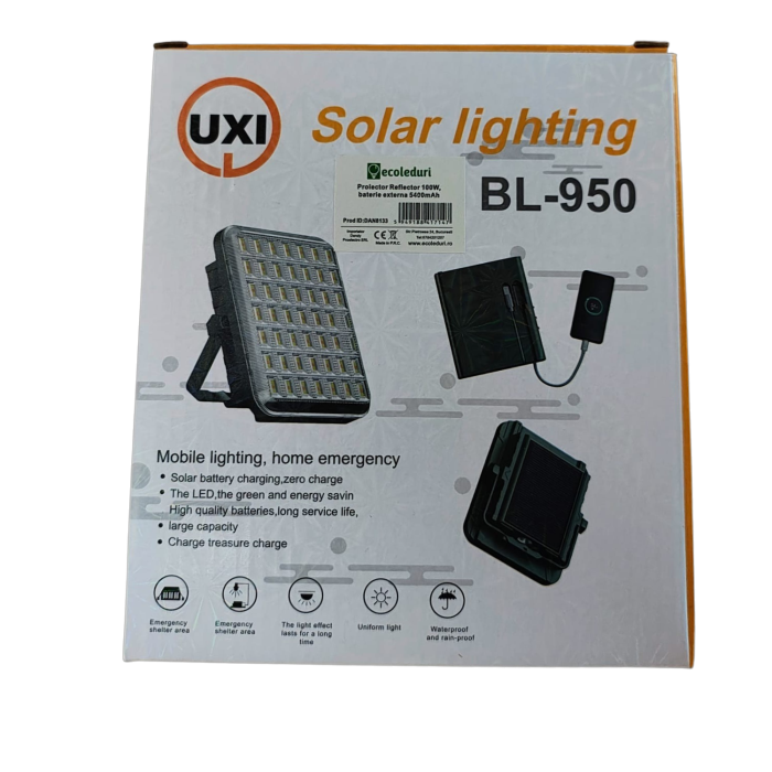 Proiector LED solar BL-950 100W cu 143 LED-uri, baterie externă 5400mAh și panou solar integrat [13]