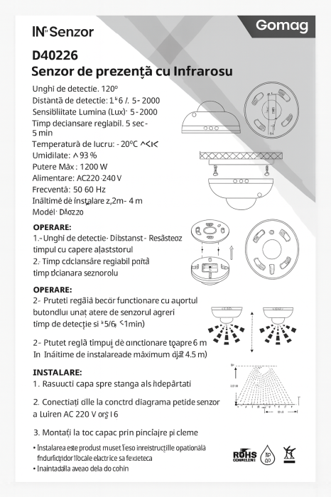 Senzor de Prezență cu Infraroșu D40226, 120°, 2–6m, IP20, 1200W [6]