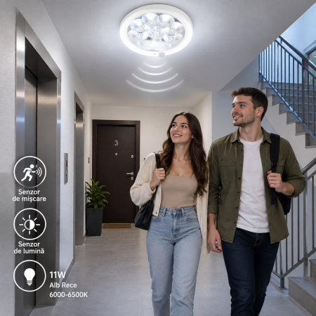 Corpuri de iluminat - Aplică LED rotundă 11W cu senzor de mișcare și lumină, 6000–6500K, Ø305 mm
