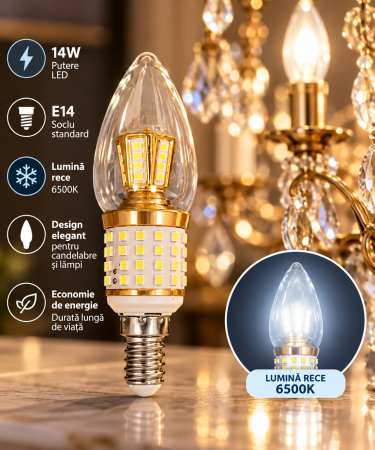 Becuri  Led - Bec LED tip lumânare decorativ 14W E14, design elegant pentru candelabre și lămpi-ecoleduri.ro