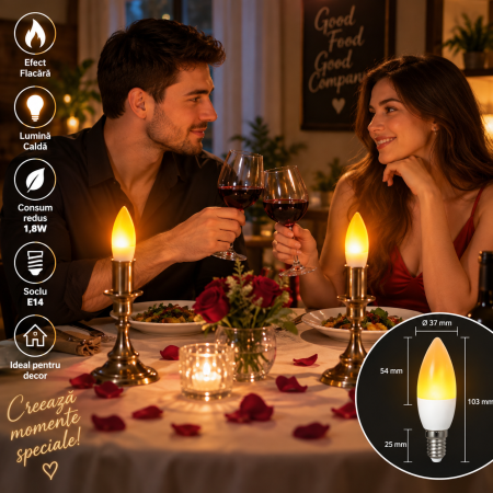 Surse de iluminat - Bec LED decorativ E14 1,8W mat cu efect de flacără și lumină caldă romantic