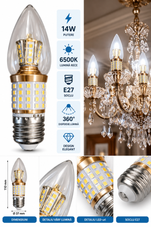 Becuri  Led - Bec LED tip lumânare decorativ 14W E27 lumină rece pentru candelabru