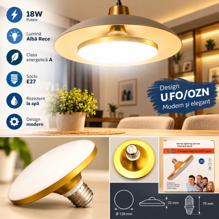 Becuri  Led - Bec LED UFO 18W E27, Lumină Albă Rece, Design Rotund Plat, Alb-Auriu, Ø120 mm