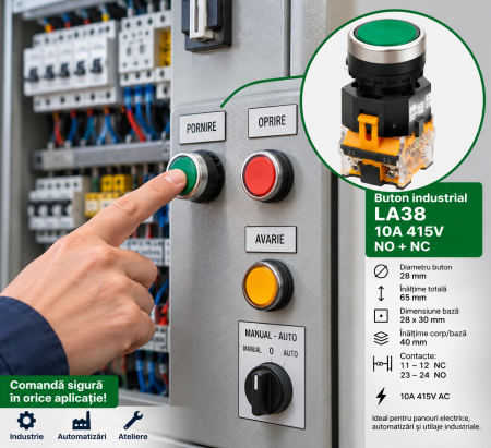 Întrerupătoare/Comutatoare - Buton Industrial Verde LA38 10A 415V NO NC Ø28 mm