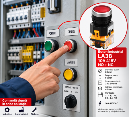 Întrerupătoare/Comutatoare - Buton Industrial Verde LA38 10A 415V NO NC Ø28 mm
