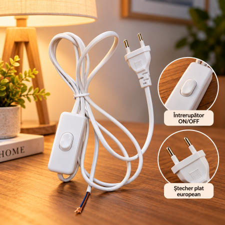 Întrerupătoare/Comutatoare - Cablu Alimentare 220V cu Întrerupător, Stecher Plat,alb, 1.5m, 2 Fire – Ideal pentru Lămpi si Proiecte DIY