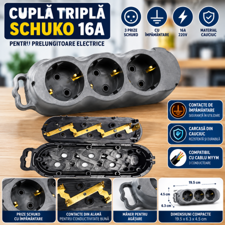 Prelungitoare/Derulatoare - Cap prelungitor 3 posturi schuko cauciuc contacte cupru