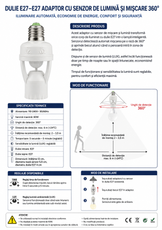 Dulie E27–E27 adaptor cu senzor de lumină și mișcare 360° – max. 60W [1]