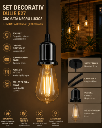 Becuri & lampi led cu fasung - set-dulie-e27-negru-cromat-lucios-cu-bec-decorativ-tip-para-si-cablu-85cm