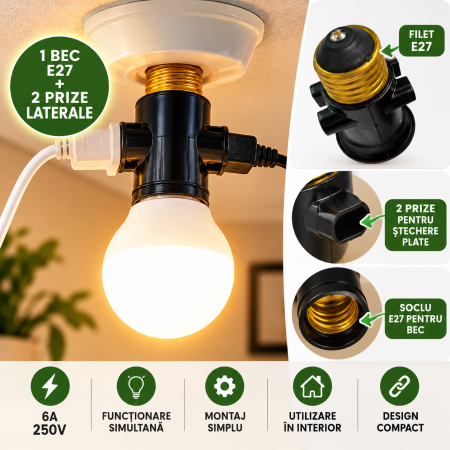 Adaptor Dulie E27 cu 2 Prize Laterale pentru Ștechere Plate – Negru [1]