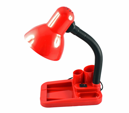 Lampa de birou rosie cu suport accesorii de birou , pentru becuri E27 Led si economice , cu brat reglabil [1]