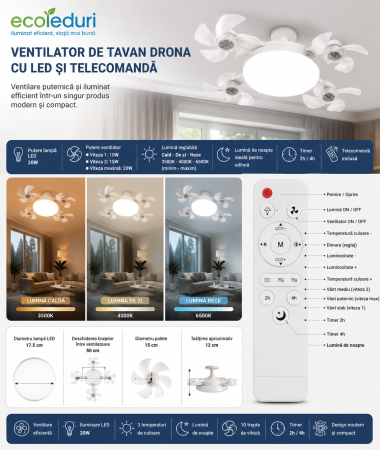 Corpuri de iluminat - Lampă LED cu 4 ventilatoare E27 60W 6500K cu telecomandă