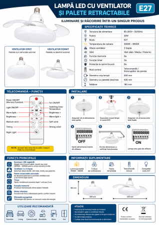 Lampă LED E27 18W cu ventilator și palete retractabile, 12W, telecomandă, 3 viteze, lumină reglabilă 3000K-6500K [4]