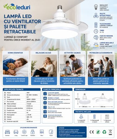 Lampă LED E27 18W cu ventilator și palete retractabile, 12W, telecomandă, 3 viteze, lumină reglabilă 3000K-6500K [3]
