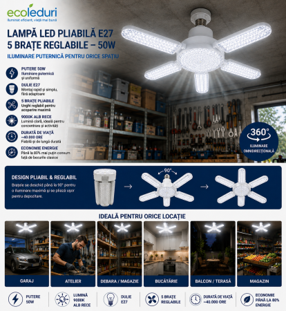 Surse de iluminat - Lampă LED E27 50W cu 5 brațe pliabile transparente – iluminare 360°