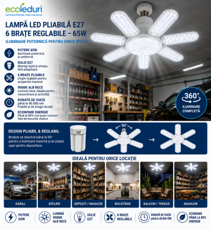 Lampă LED E27 65W cu 6 brațe pliabile transparente 9000K [1]