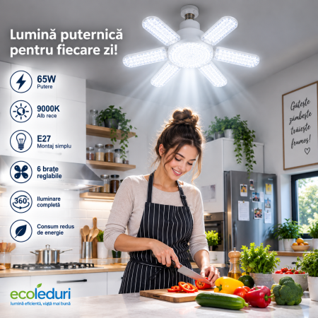 Surse de iluminat - Lampă LED E27 65W cu 6 brațe pliabile transparente 9000K