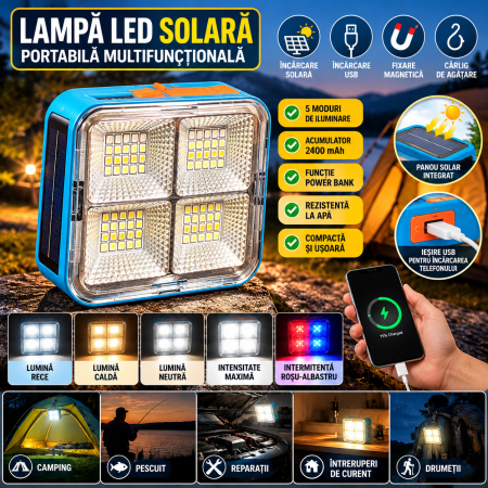Surse de iluminat - Lanterna solara portabila 5 moduri de luminare puternica cu suport magnetic, reincarcabila prin USB