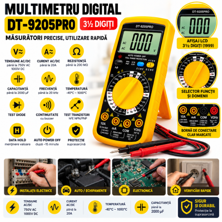 Aparataj şi accesorii - Multimetru Digital DT-9205PRO – Aparat de Măsură AC/DC Multifuncțional