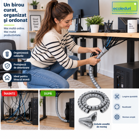 Cabluri și accesorii - Organizator cabluri spiralat 2m gri 25-35mm cu unealta montaj