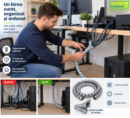 Cabluri și accesorii - Organizator cabluri spiralat,Ø20mm x 2m, gri,protectie birou