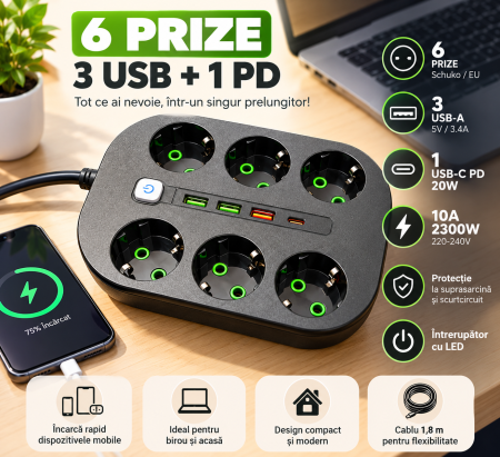 Aparataj şi accesorii - Prelungitor cu 6 prize schuko 3 USB si 1 PD  1,8 m T106-1