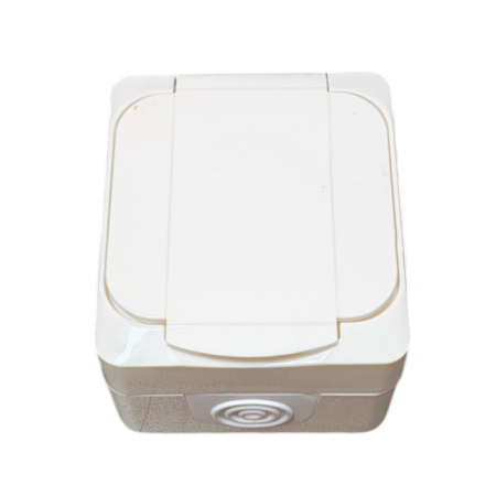 Priză simplă cu împământare si cu protectie copii, IP44 alb, montaj aplicat