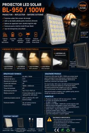 Proiector LED solar BL-950 100W cu 143 LED-uri, baterie externă 5400mAh și panou solar integrat [5]