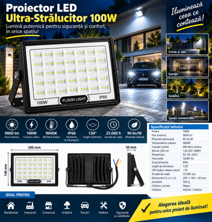 Proiector LED 100W 6500 lm IP66 pentru iluminarea curții și parcării [1]