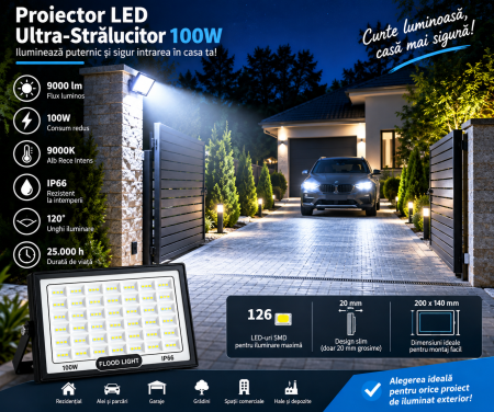 Corpuri de iluminat - Proiector LED 100W 6500 lm IP66 pentru iluminarea curții și parcării