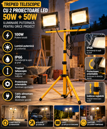 Corpuri de iluminat - Trepied telescopic cu 2 proiectoare Led de 50W fiecare ,IP66,conectate, plus cablu alimentare de 290 cm