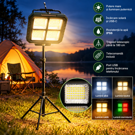 Corpuri de iluminat - Trepied telescopic, H max 1,8m si  Proiector solar reincarcabil cu panou detasabil ,multiple functii,telecomanda